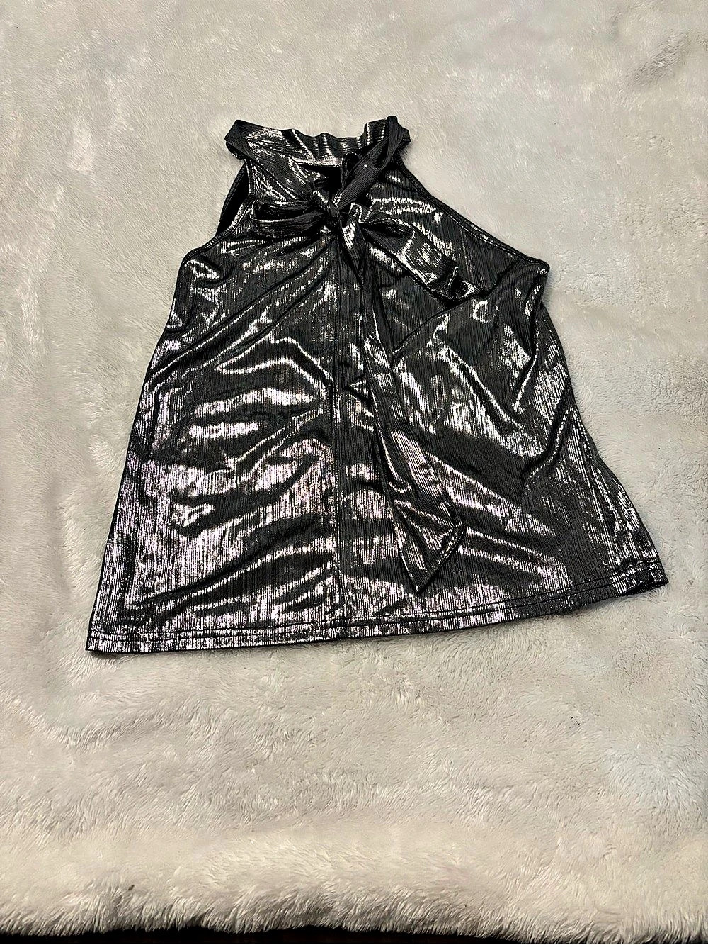 Silver Metallic Halter Tie-Neck Top Black Medium